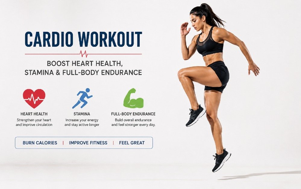 Person doing a cardio workout to boost heart health, stamina, and full-body endurance.