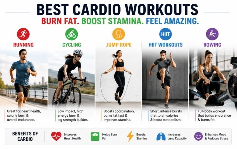 best cardio workouts including running, cycling, jump rope, HIIT, and rowing to burn fat and boost stamina.
