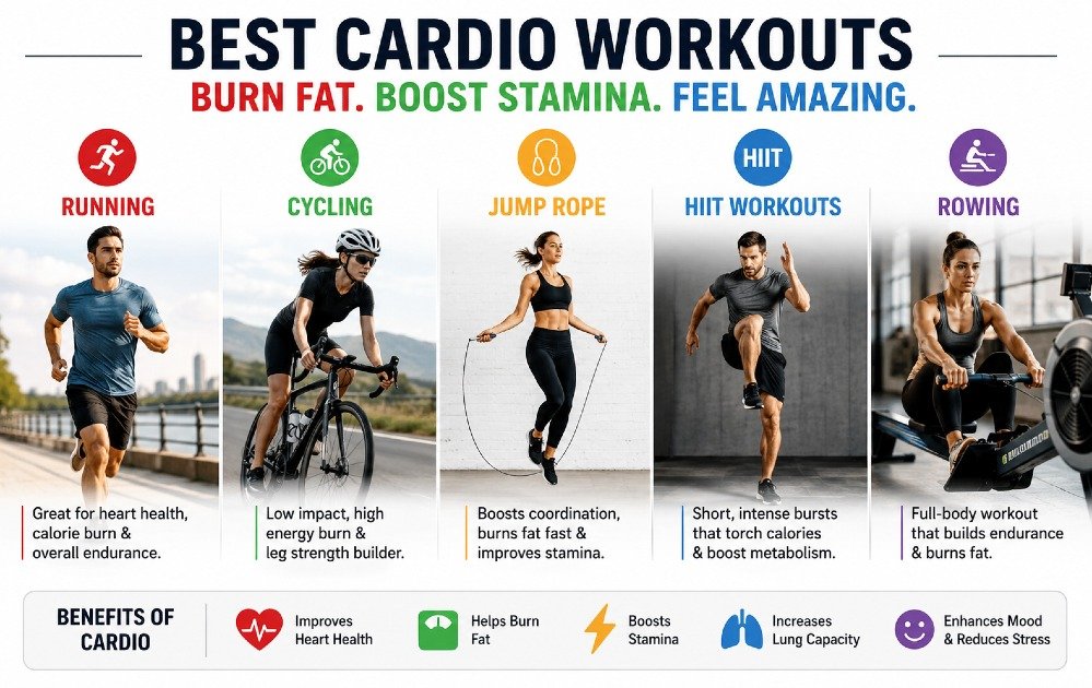 best cardio workouts including running, cycling, jump rope, HIIT, and rowing to burn fat and boost stamina.