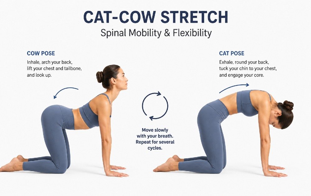 Person performing Cat-Cow stretch on hands and knees, transitioning between spinal flexion and extension for improved mobility.