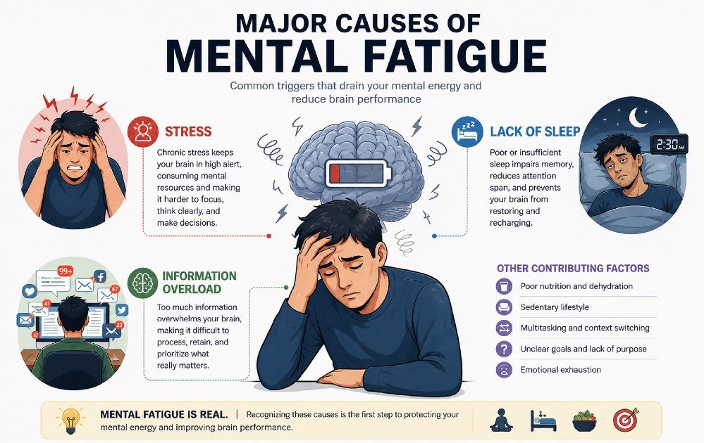 Visual illustration of major causes of mental fatigue including stress, lack of sleep, and information overload affecting brain performance