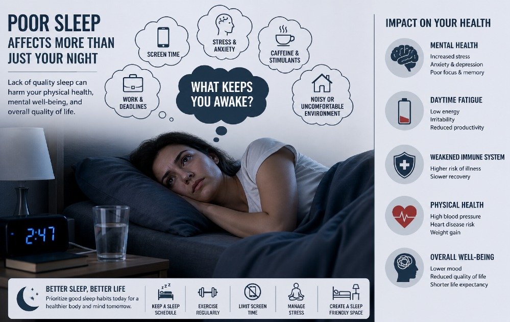 Person lying awake in bed at night, symbolizing poor sleep, fatigue, and its impact on physical and mental health.