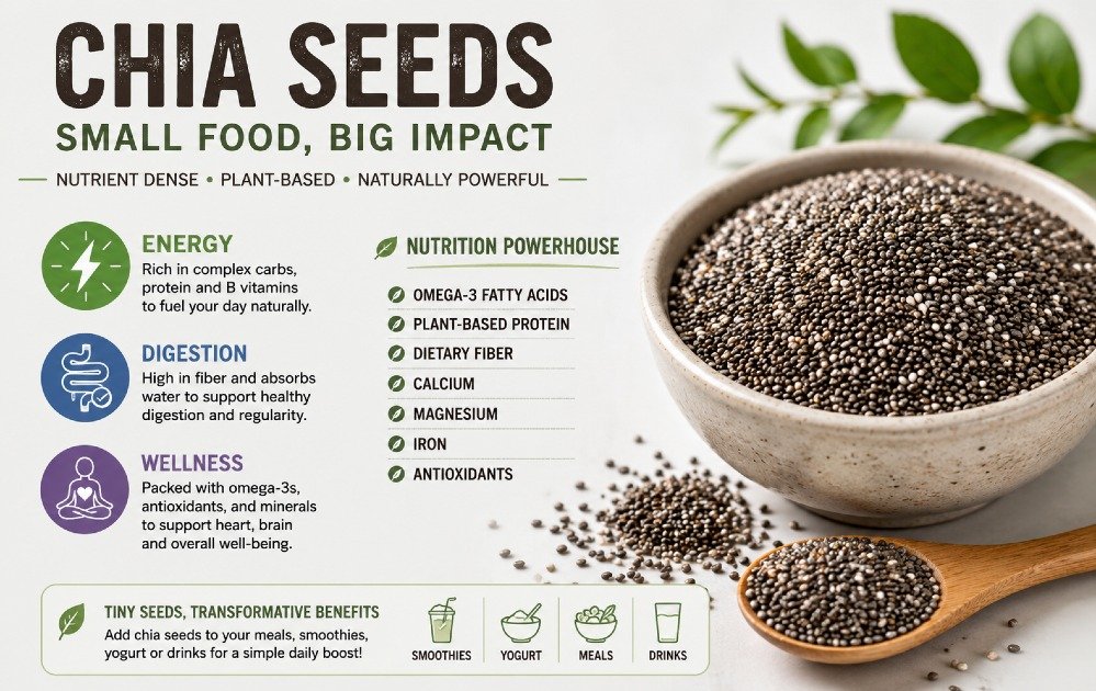 Chia seeds in a small bowl highlighting their nutrient density and health benefits for energy, digestion, and wellness.