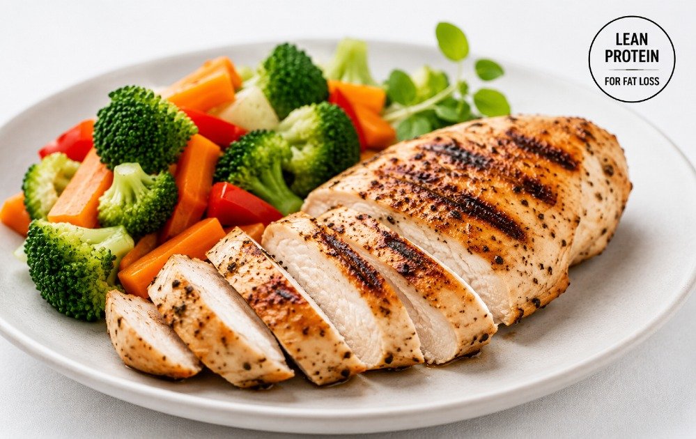 Grilled chicken breast served as a lean protein source for fat loss and healthy eating.