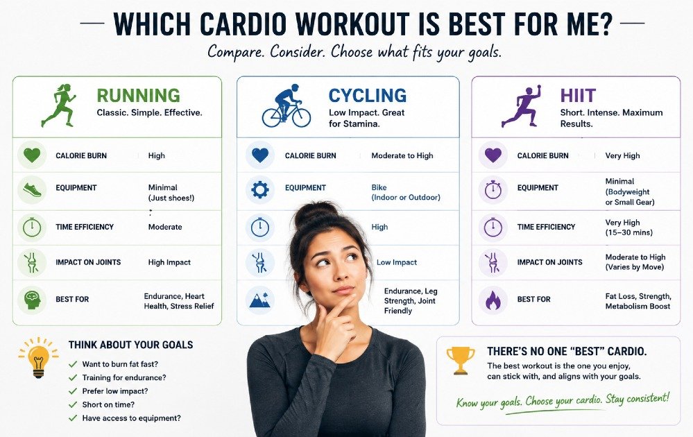 Person comparing different cardio workouts like running, cycling, and HIIT to choose the best option for fitness goals.