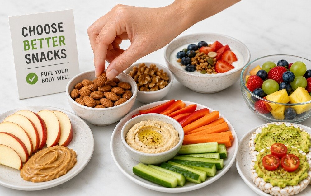 Hand selecting healthy snack options from a variety of nutritious foods to support better eating habits