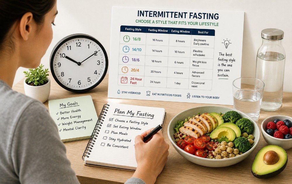 Person planning intermittent fasting schedule with a clock, meal timing chart, and healthy food on a table to illustrate lifestyle-based fasting choices.