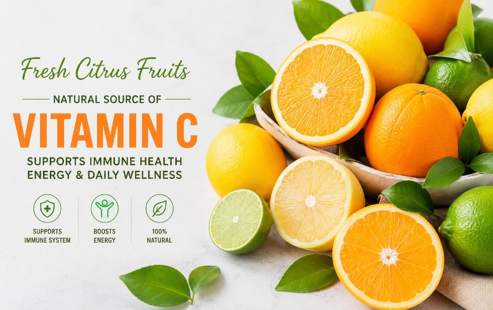 Fresh citrus fruits including oranges, lemons, and limes arranged as a natural source of daily vitamin C support.