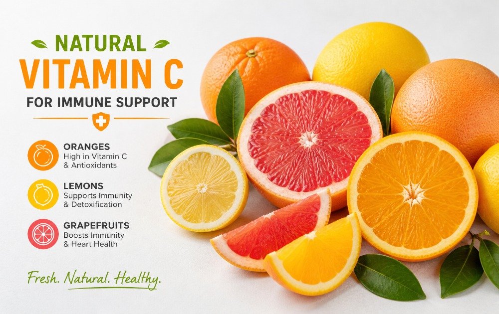 Fresh citrus fruits like oranges, lemons, and grapefruits arranged to highlight natural vitamin C sources for immune support.