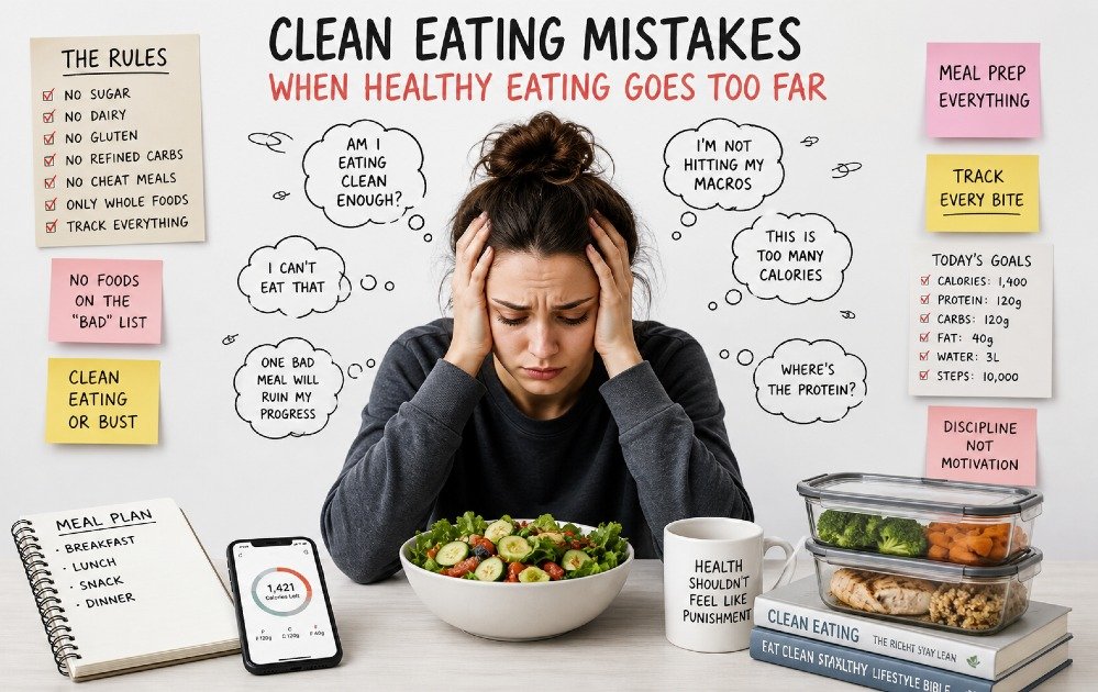 Health-focused person overwhelmed by strict food rules, meal tracking, and restrictive “clean eating” habits.