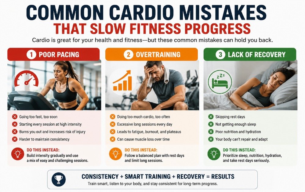 Common cardio mistakes that slow fitness progress, including poor pacing, overtraining, and lack of recovery.