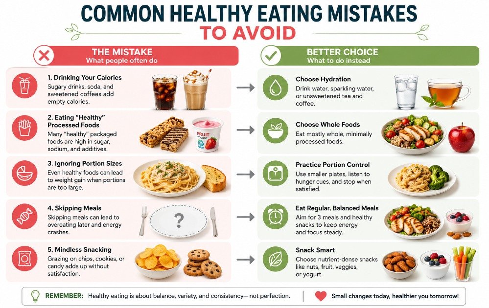 Common healthy eating mistakes illustrated, showing poor food choices and balanced nutrition alternatives.