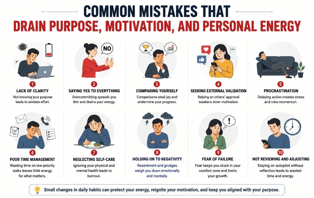 Common mistakes that drain purpose, motivation, and personal energy in daily life.