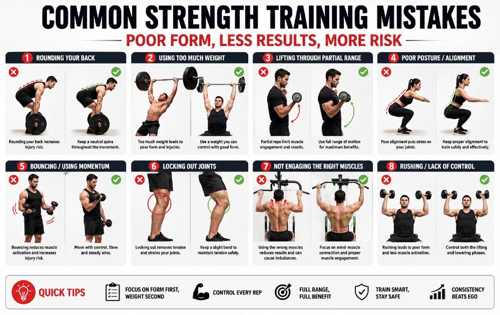 Common strength training mistakes shown in gym form, including poor posture, incorrect lifting technique, and lack of control during exercise.