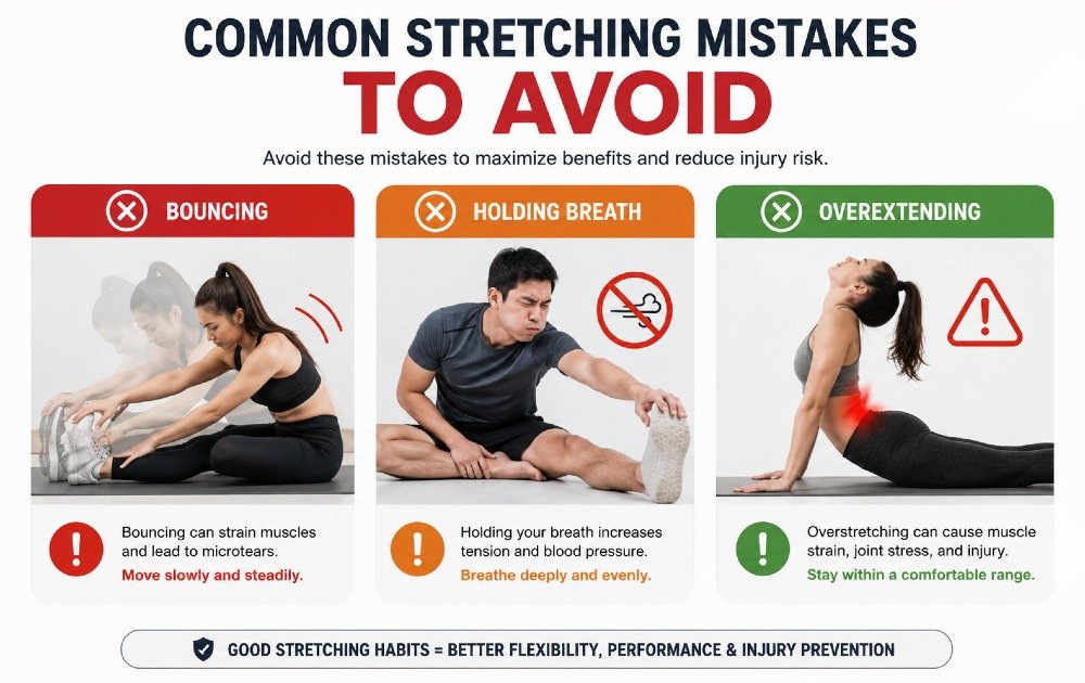 Common stretching mistakes like bouncing, holding breath, and overextending that increase injury risk