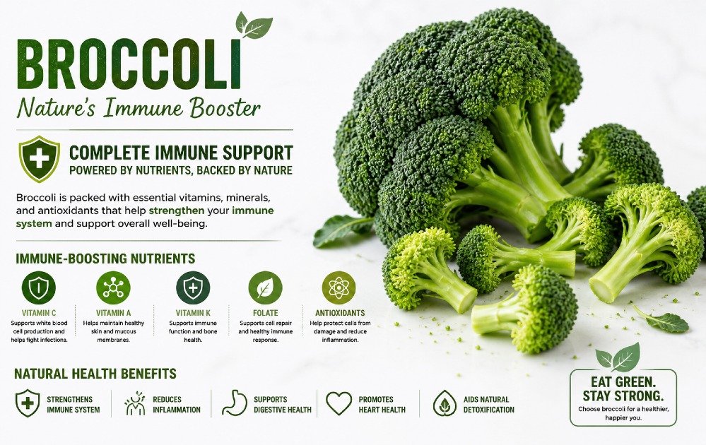 Fresh broccoli florets highlighting immune-boosting nutrients and natural health benefits
