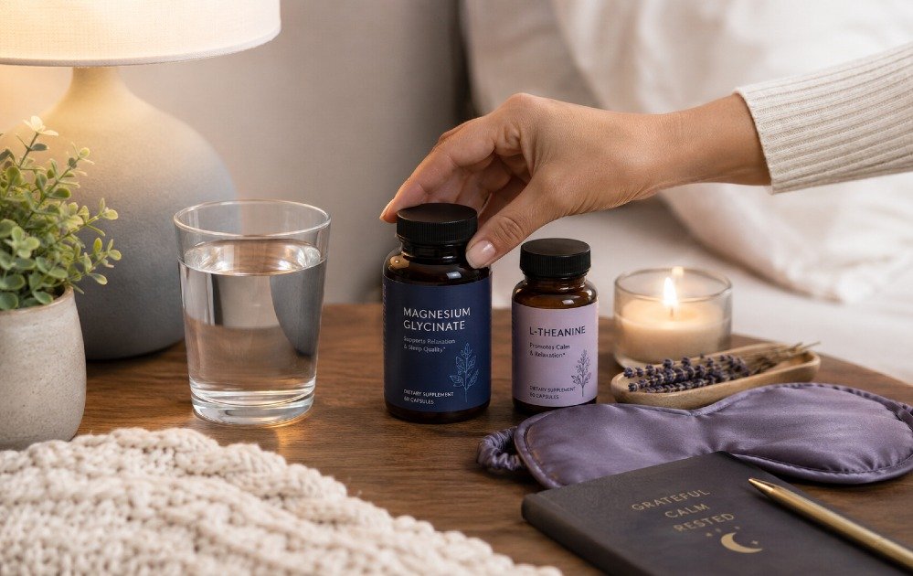 Hand placing natural sleep supplements beside a glass of water and calming bedtime essentials on a bedside table