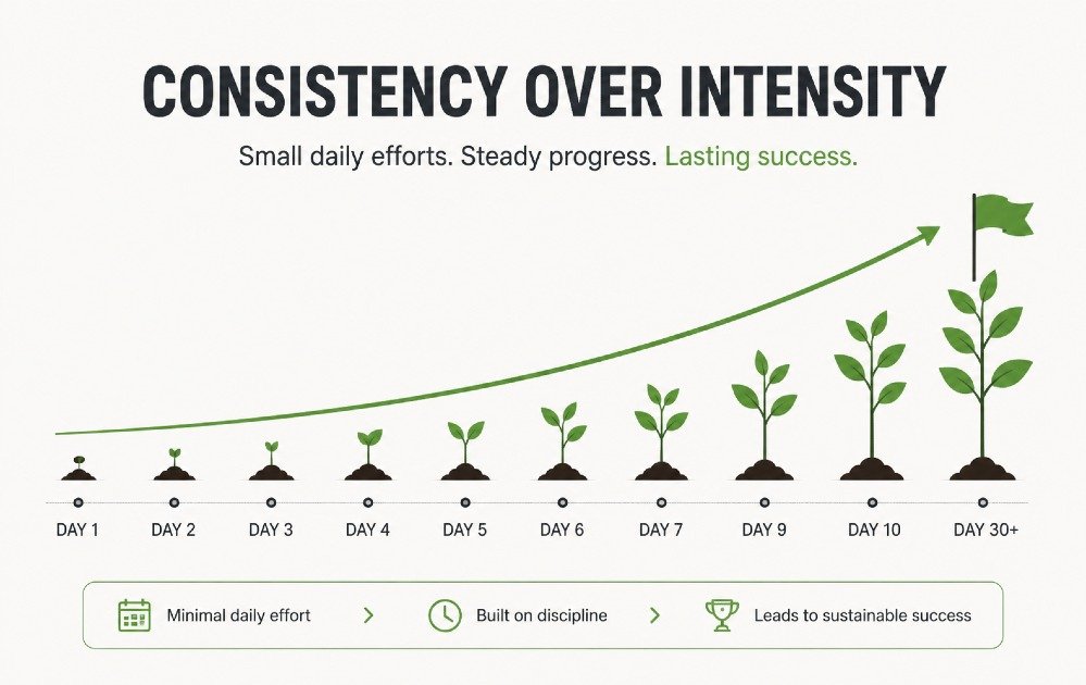 Minimal daily effort shown as steady progress over time, symbolizing consistency over intensity for long-term success.