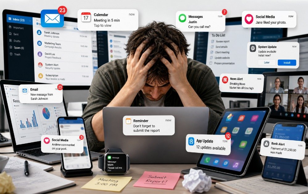 Person overwhelmed by multiple screens and notifications, illustrating constant digital overload