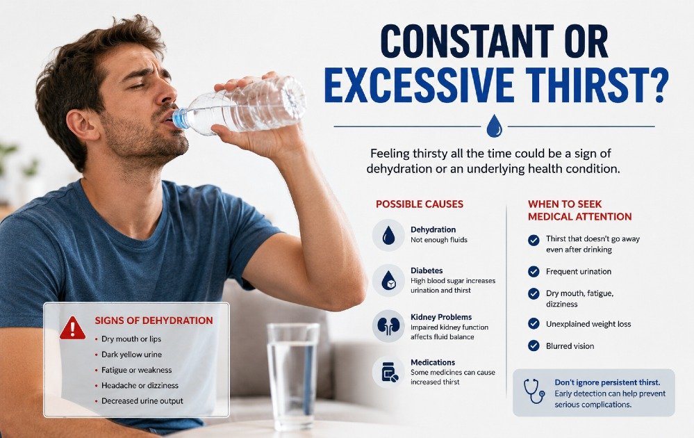Person experiencing constant or excessive thirst, highlighting dehydration or possible underlying health concern