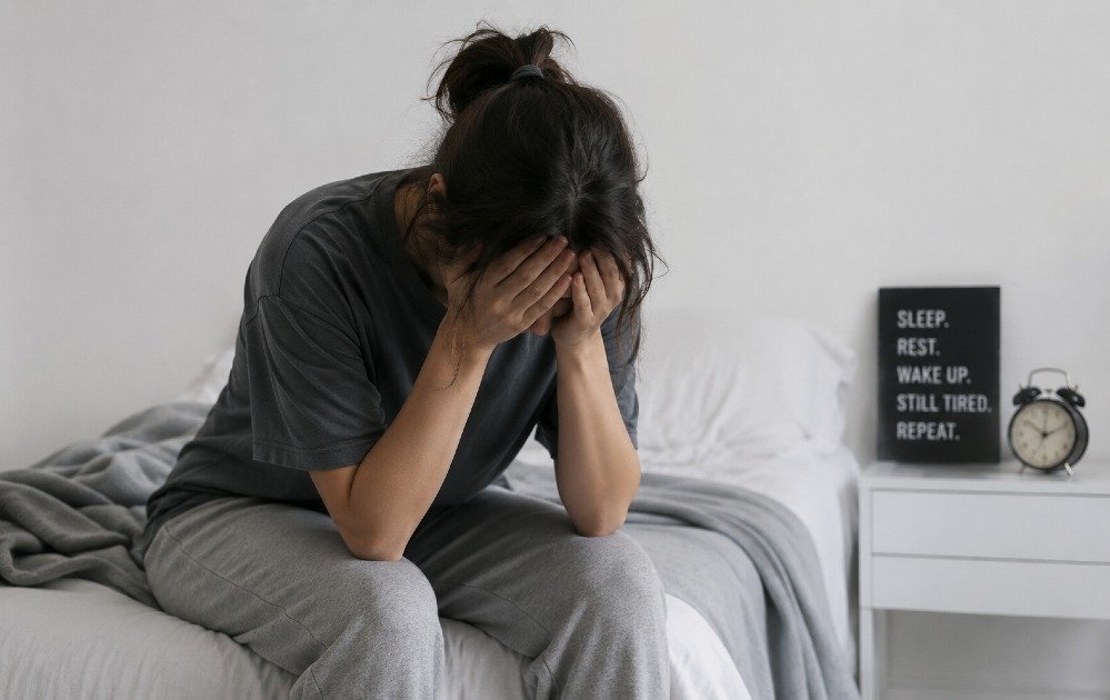 Person sitting exhausted with head in hands, representing constant fatigue that doesn’t improve with rest.