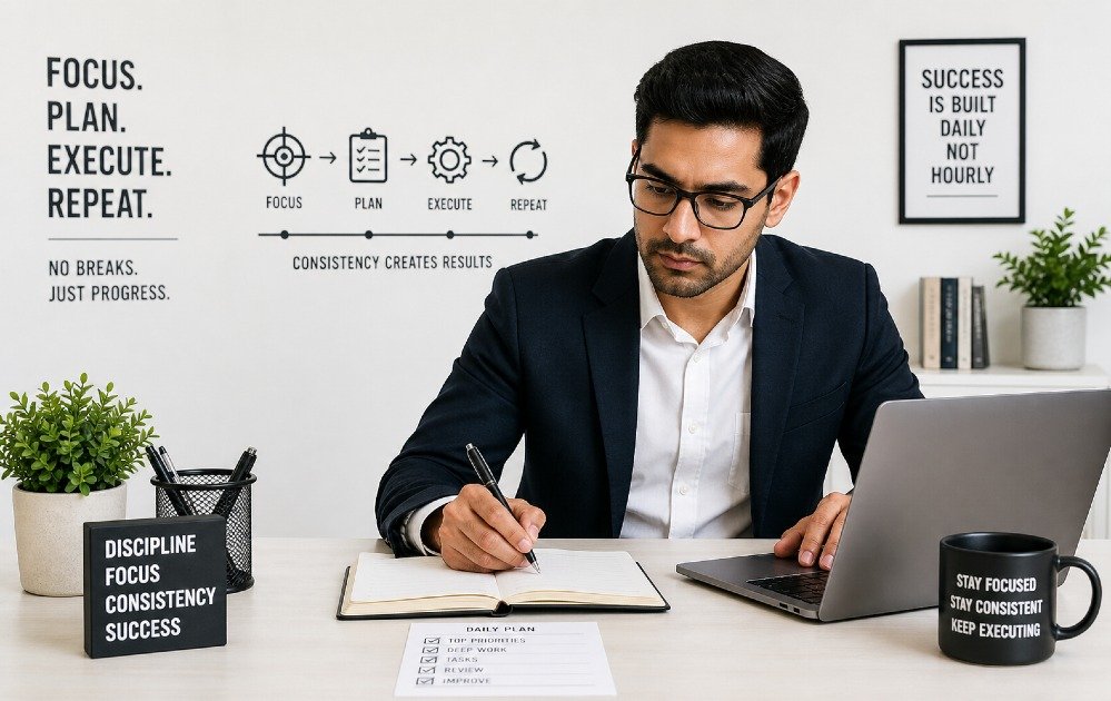 Focused professional working efficiently at a clean desk, symbolizing constant productivity and disciplined workflow without breaks