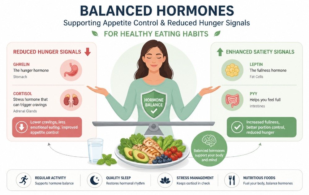 Illustration of balanced hormones supporting appetite control and reduced hunger signals for healthy eating habits.