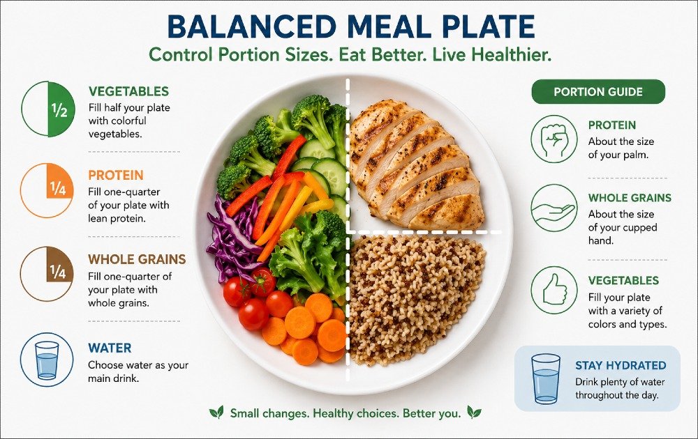 Balanced meal plate demonstrating how to control portion sizes for healthier eating habits