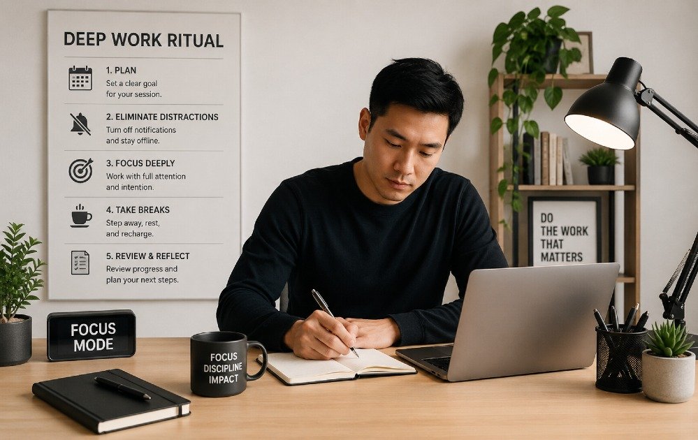 Person practicing a deep work ritual in a quiet workspace to improve focus and productivity