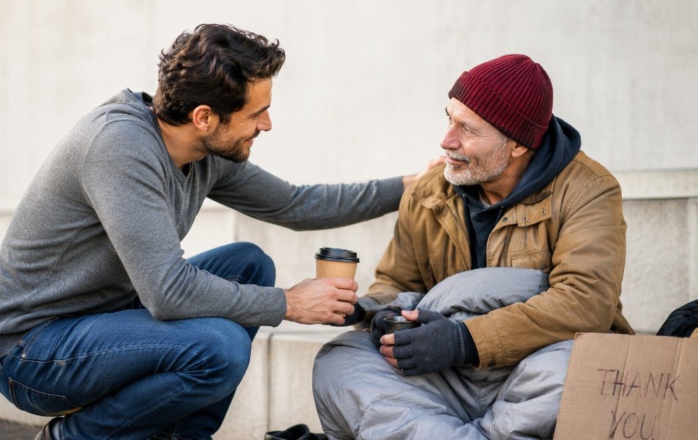 Person offering support to someone in need, symbolizing purpose, connection, and meaningful service.