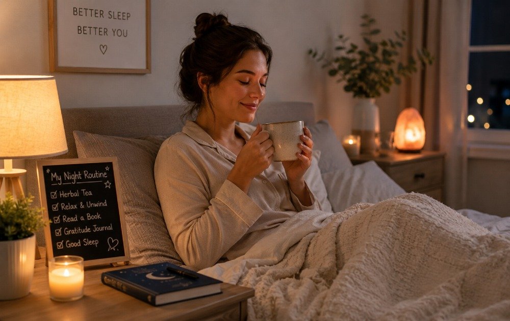 Person enjoying a calming night routine with soft lighting, herbal tea, and a peaceful bedroom atmosphere for better sleep and relaxation.