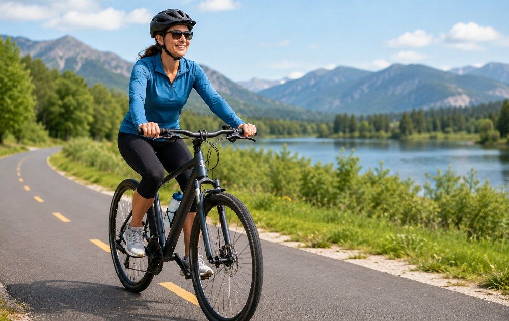 Person cycling outdoors on a bike path, demonstrating low-impact cardio exercise that supports joint health and overall fitness.