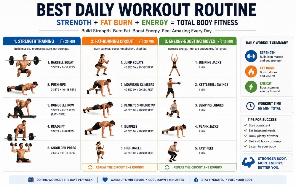 Daily workout routine combining strength training, fat-burning exercises, and energy-boosting movements for full-body fitness