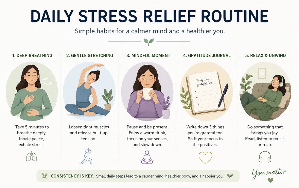 Simple daily stress relief routine showing calming habits like deep breathing, stretching, and mindful relaxation to reduce stress and improve mental well-being.