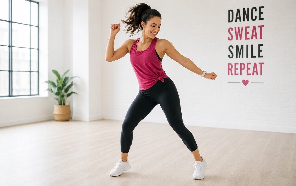 Woman doing dance workout cardio in a bright studio, moving energetically to music for fun, low-impact exercise and fitness.