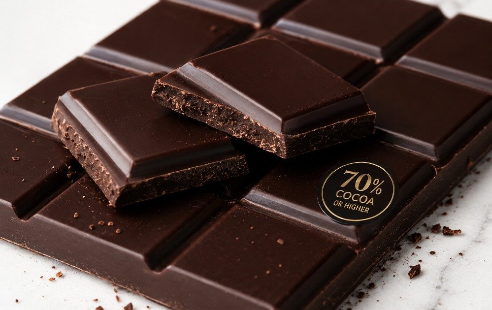 Dark chocolate bar with 70% cocoa or higher content, shown in close-up with rich dark texture and square pieces.
