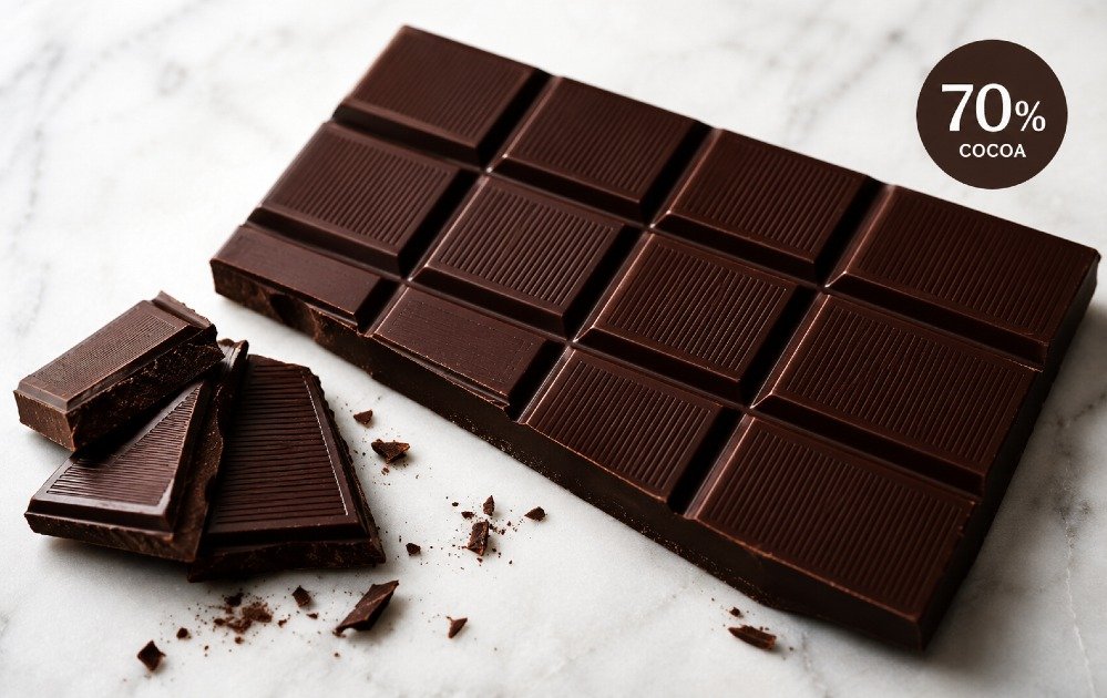 Dark chocolate bar with 70% cocoa or higher, rich dark brown texture on a clean surface.