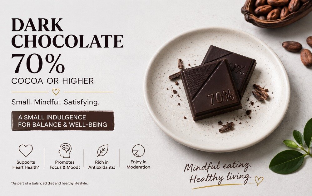 Dark chocolate bar with 70% cocoa or higher, shown as a small controlled indulgence portion for mindful eating and healthy lifestyle balance.