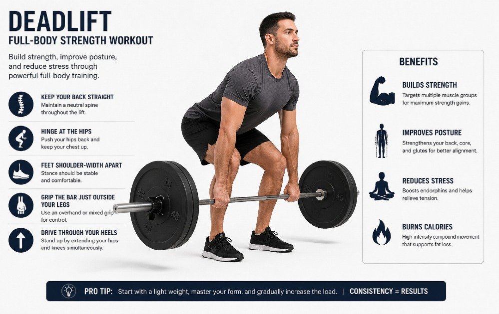 Man performing a deadlift with proper form to build strength, improve posture, and reduce stress through full-body training.