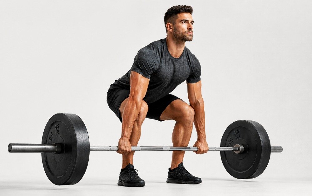 Person performing a deadlift with a barbell to build full-body strength, engage core muscles, and improve power and stability.