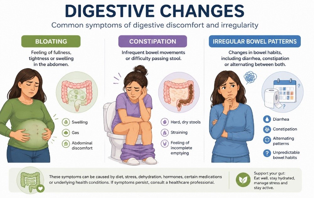 Illustration showing digestive discomfort symptoms such as bloating, constipation, and irregular bowel patterns.