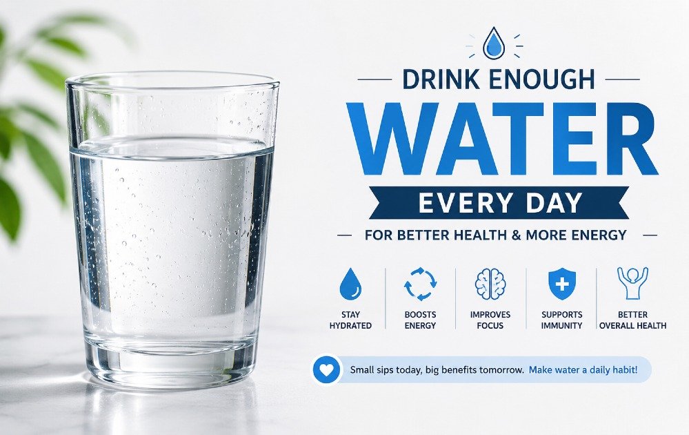 Glass of clean water with a hydration reminder promoting daily water intake for better health and energy.