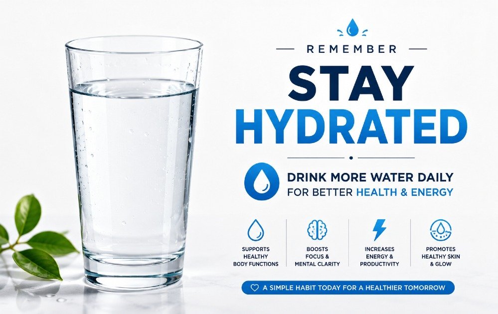 Glass of clean water with a reminder to stay hydrated and drink more water daily for better health and energy.