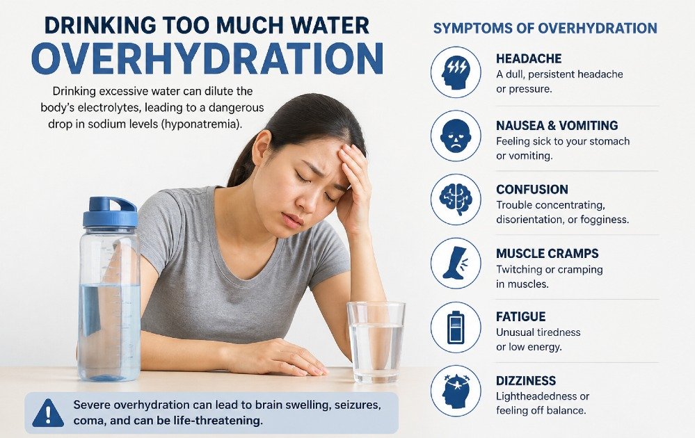 Person experiencing symptoms of overhydration after drinking excessive water