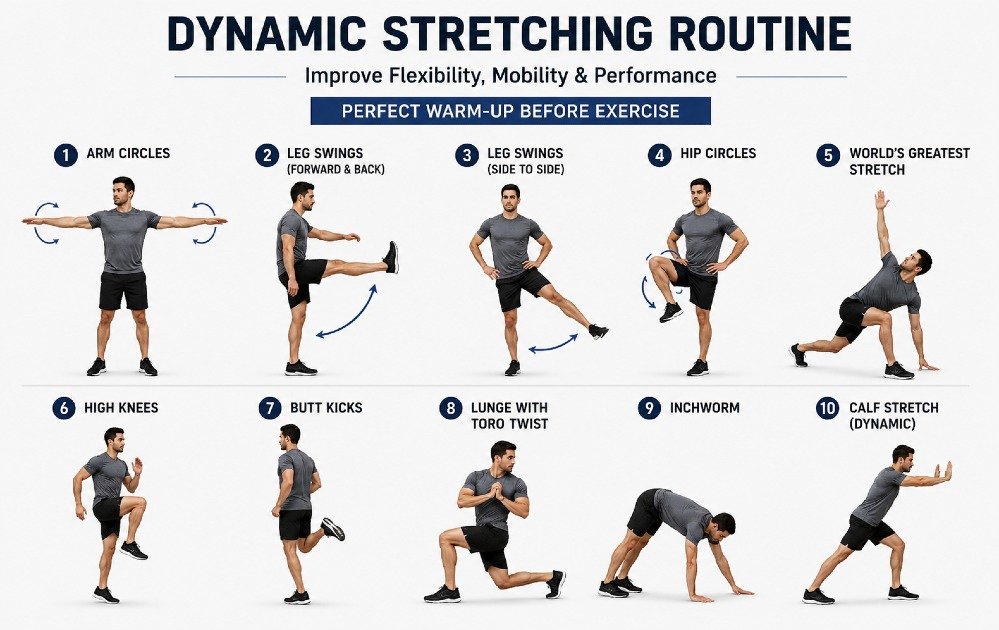 Person performing a dynamic stretching routine to improve flexibility, mobility, and full-body warm-up before exercise.