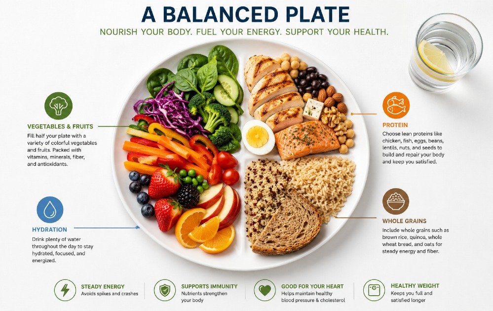 Balanced plate of nutritious foods supporting steady energy and overall health