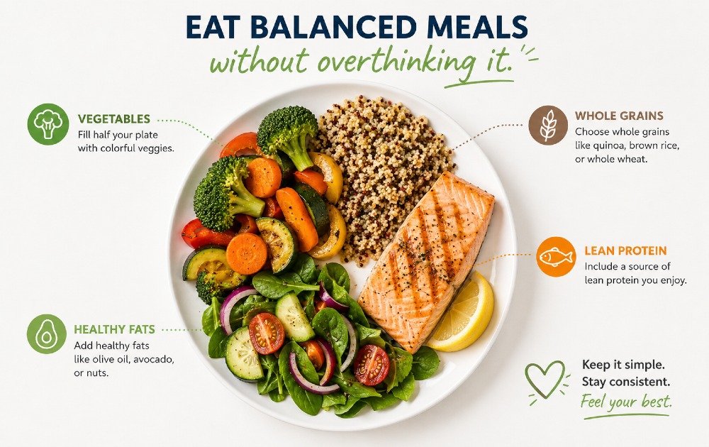 Balanced plate of healthy foods representing simple, stress-free meal planning.