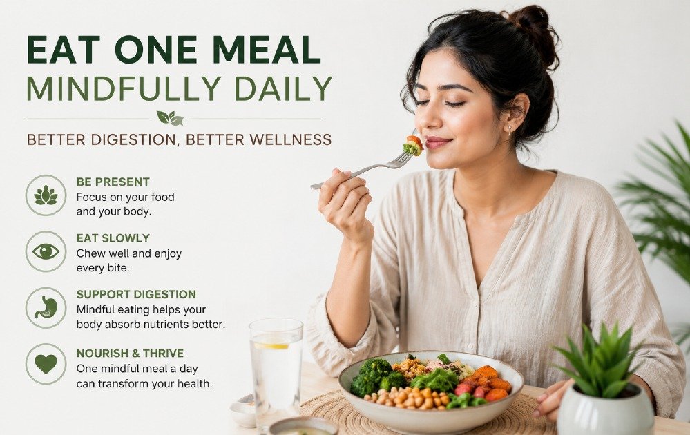 Person eating one meal mindfully, focusing on awareness, slow eating, and healthy digestion