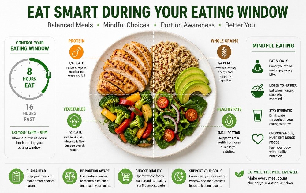 Balanced healthy meals arranged for mindful eating within a controlled eating window, promoting smart nutrition choices and portion awareness.