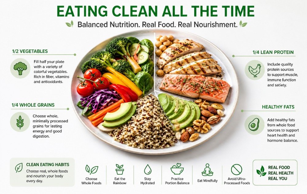 Balanced healthy eating plate avoiding ultra-processed foods, showing mindful nutrition choices associated with “clean eating” habits.